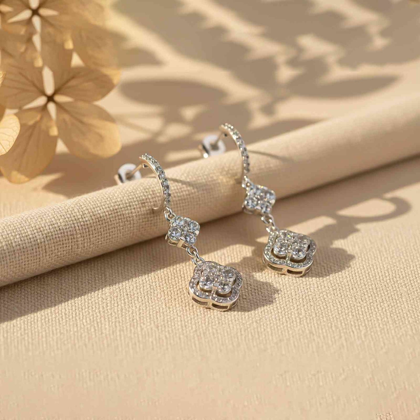 Silver Floral Clover CZ Studded Earrings