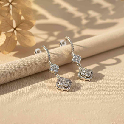 Silver Floral Clover CZ Studded Earrings