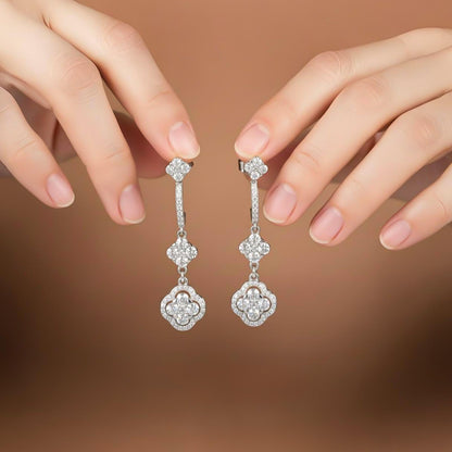 Silver Floral Clover CZ Studded Earrings