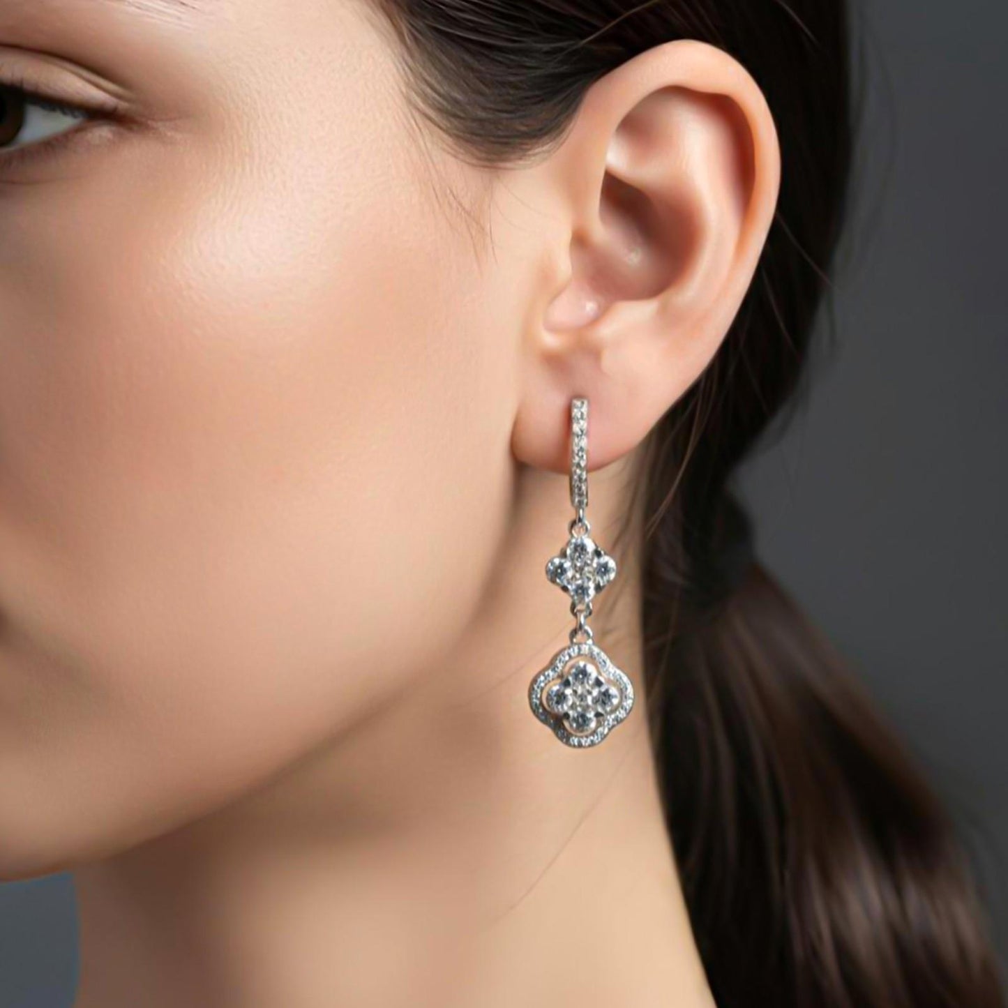 Silver Floral Clover CZ Studded Earrings