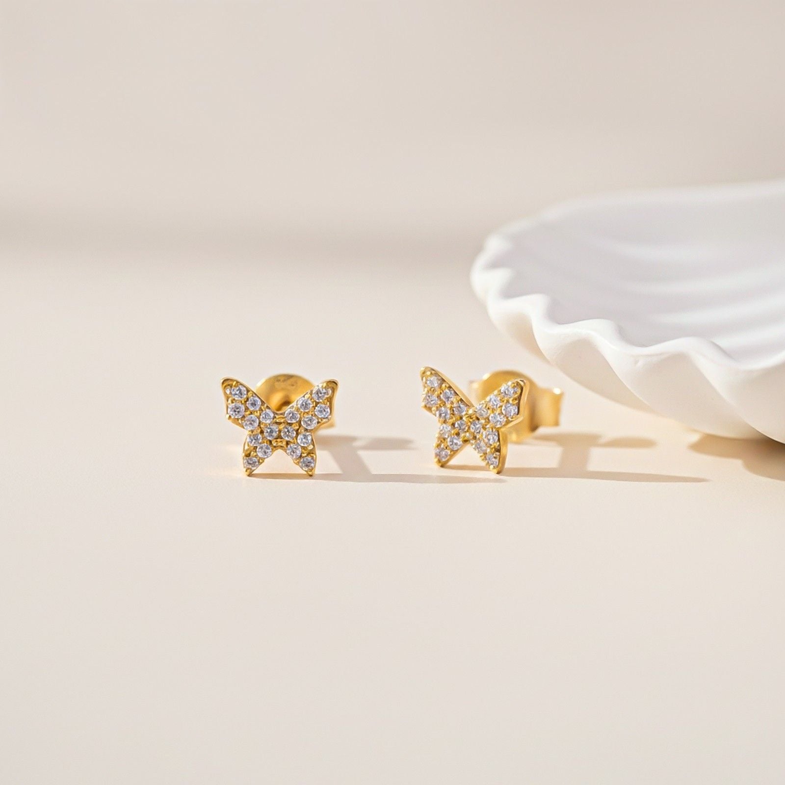 Golden Butterfly Cubic Zirconia Stud Earrings