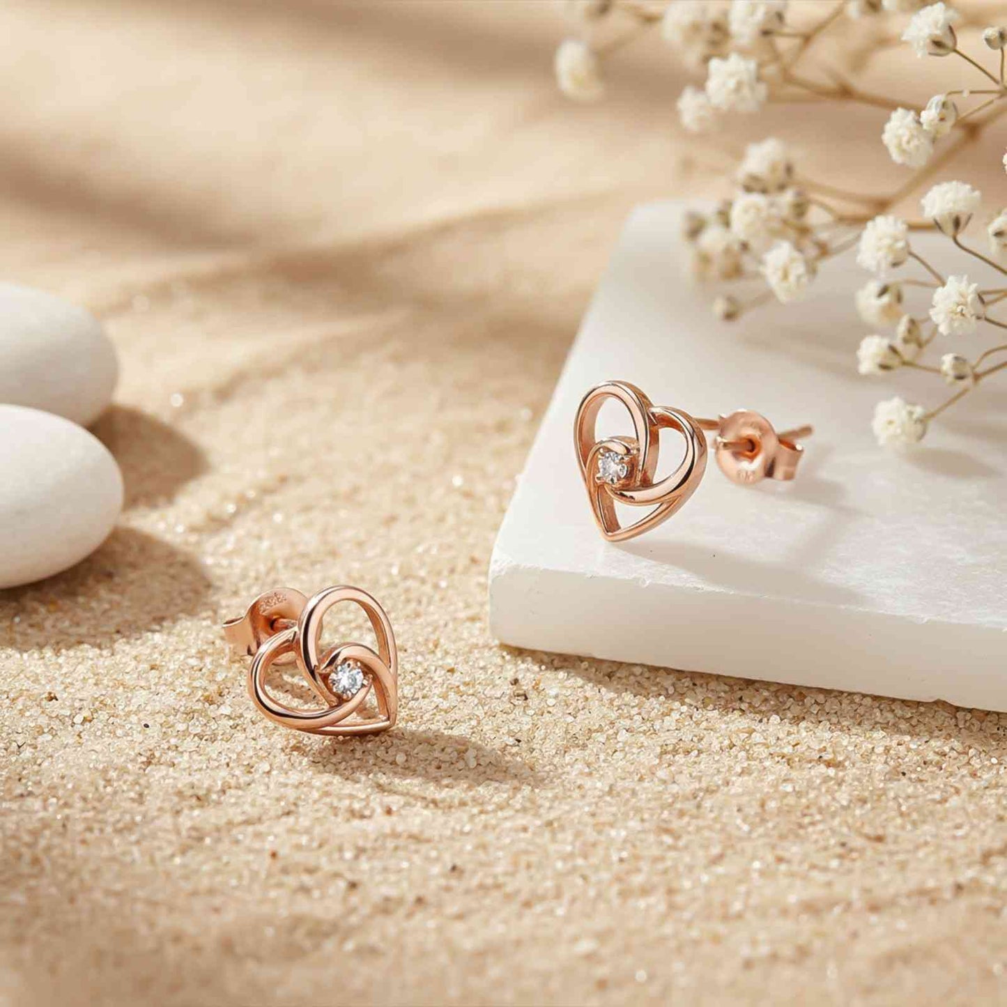 Rose Gold Zircon Studded Heart Earrings