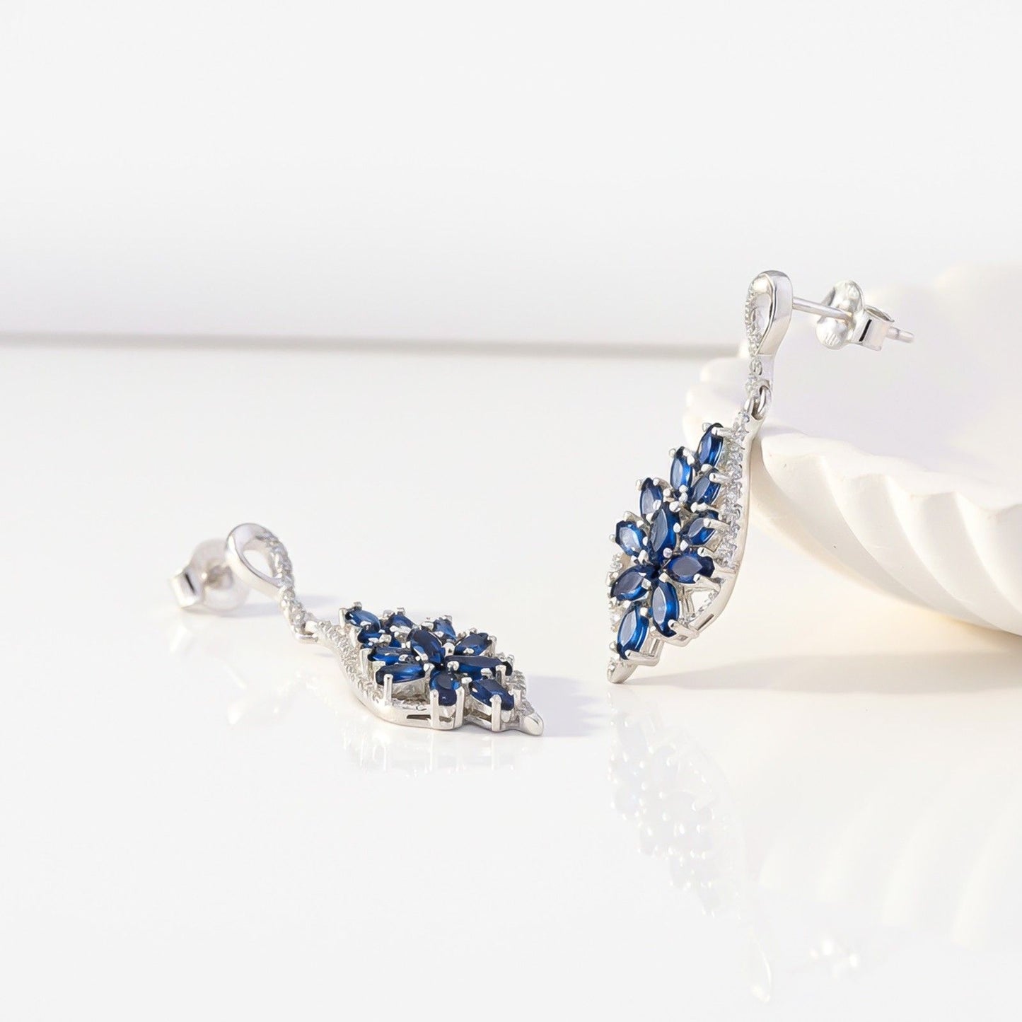 Silver Sapphire Flower Swirl Drop Earrings