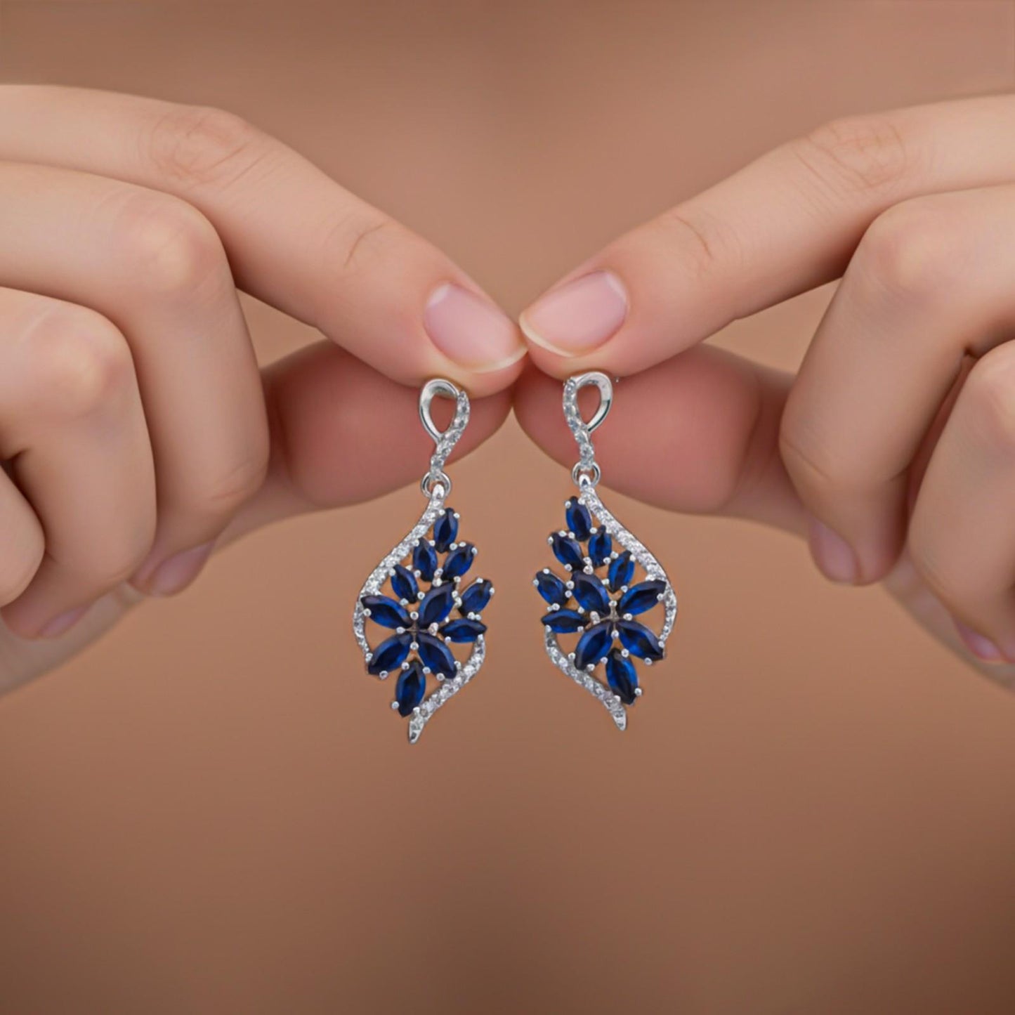 Silver Sapphire Flower Swirl Drop Earrings