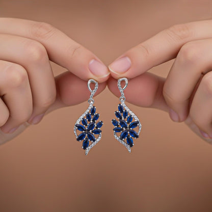 Silver Sapphire Flower Swirl Drop Earrings