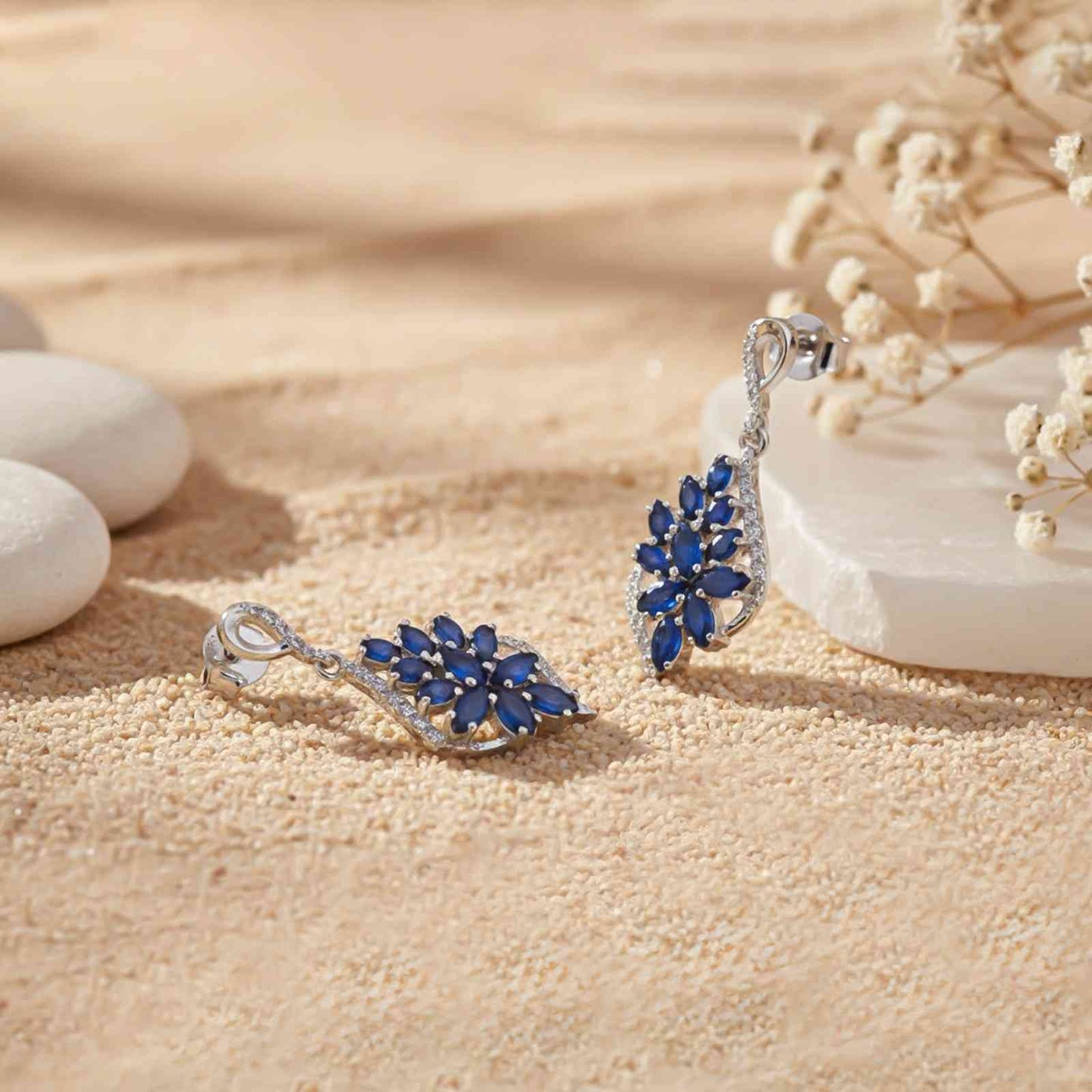 Silver Sapphire Flower Swirl Drop Earrings