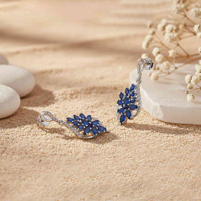 Silver Sapphire Flower Swirl Drop Earrings