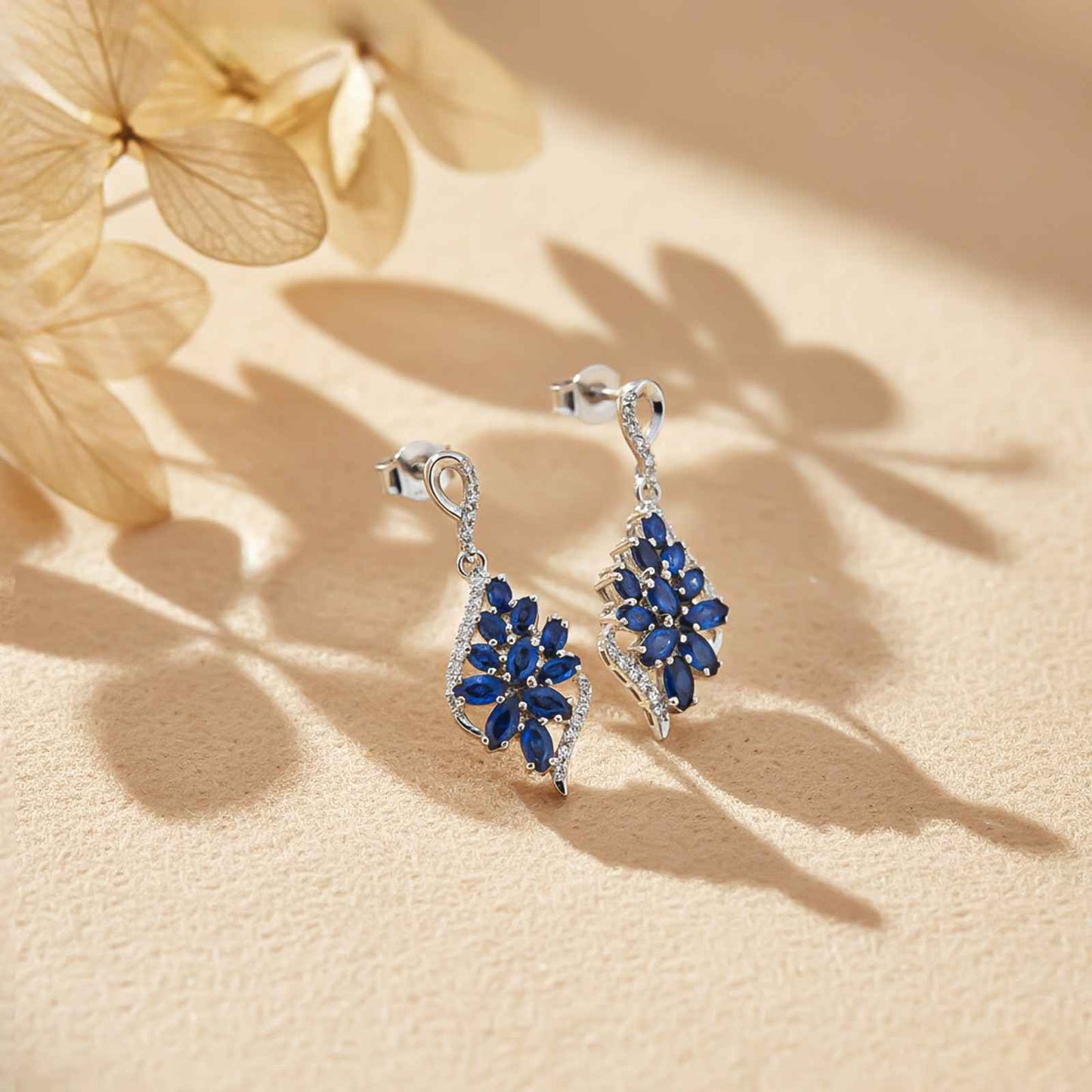 Silver Sapphire Flower Swirl Drop Earrings