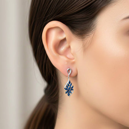 Silver Sapphire Flower Swirl Drop Earrings
