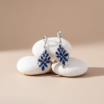 Silver Sapphire Flower Swirl Drop Earrings