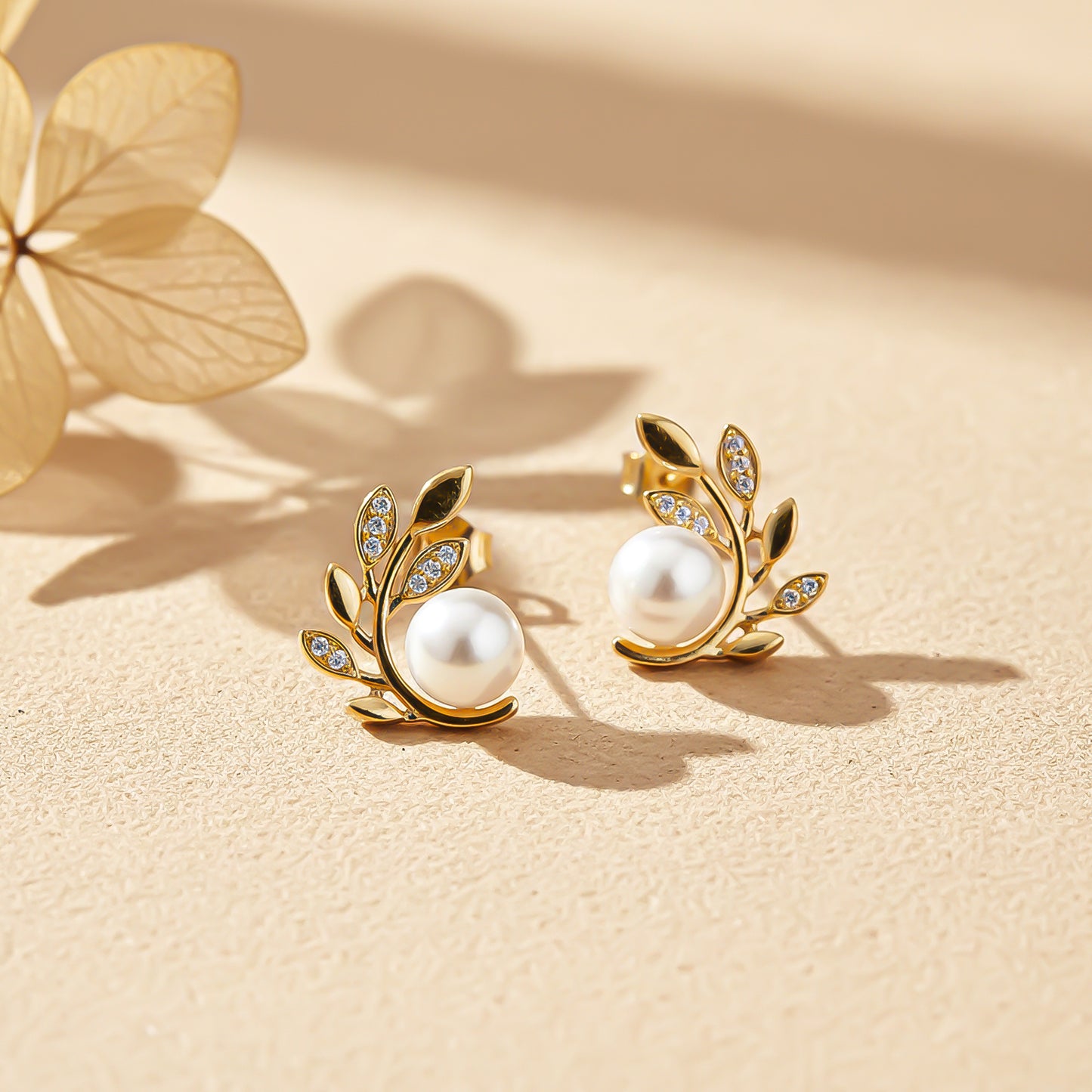 Golden Pearl Leaf Stud Earrings
