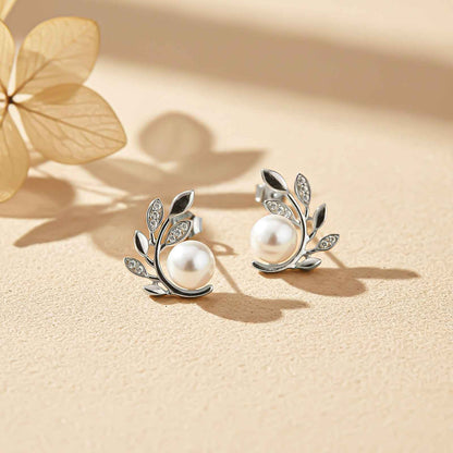 Silver Pearl Leaf Stud Earrings
