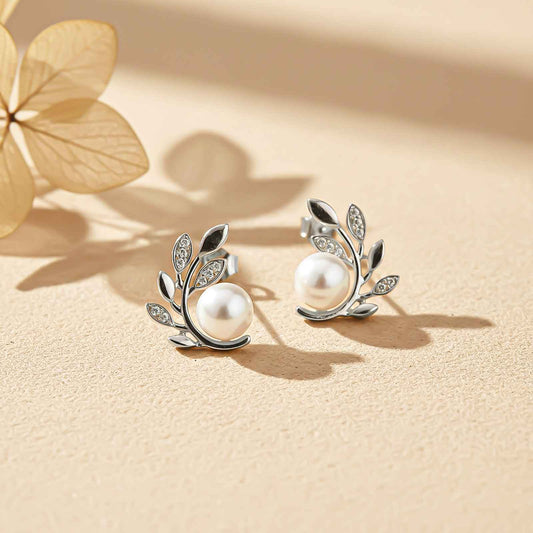 Silver Pearl Leaf Stud Earrings
