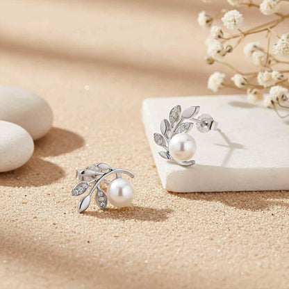 Silver Pearl Leaf Stud Earrings