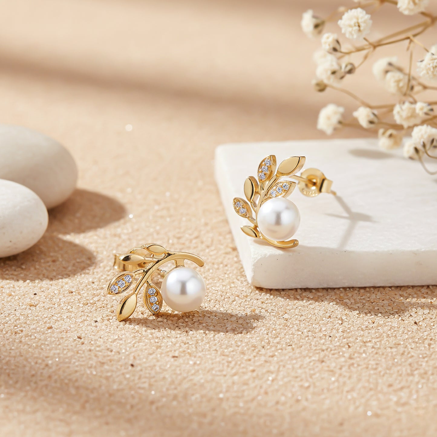 Golden Pearl Leaf Stud Earrings