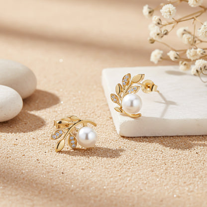 Golden Pearl Leaf Stud Earrings