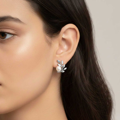 Silver Pearl Leaf Stud Earrings