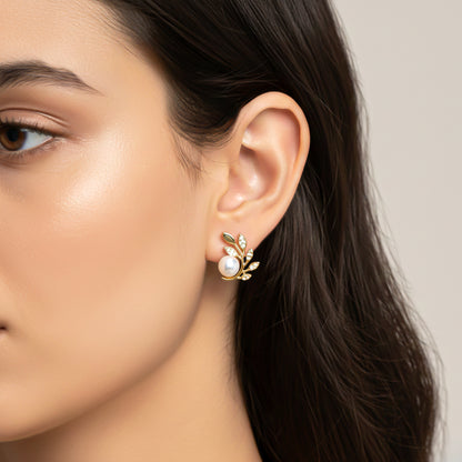 Golden Pearl Leaf Stud Earrings