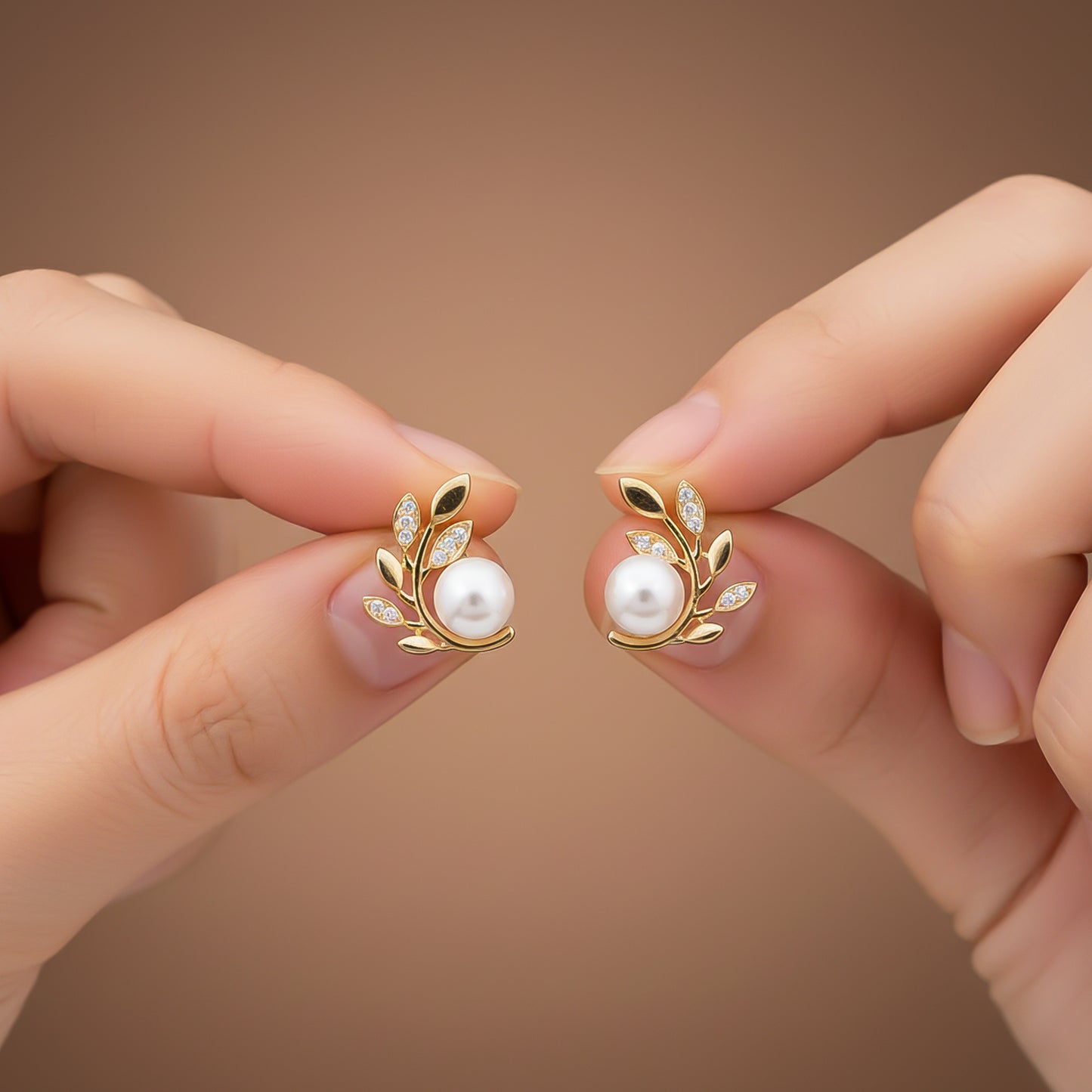 Golden Pearl Leaf Stud Earrings