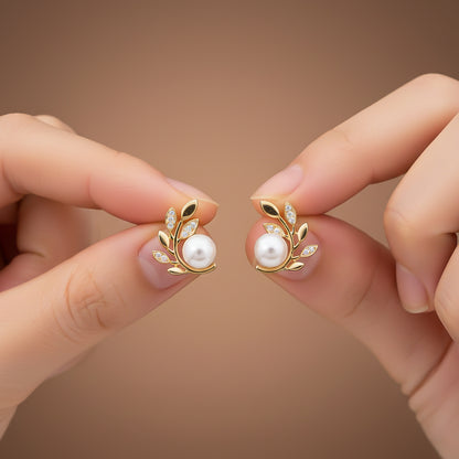 Golden Pearl Leaf Stud Earrings