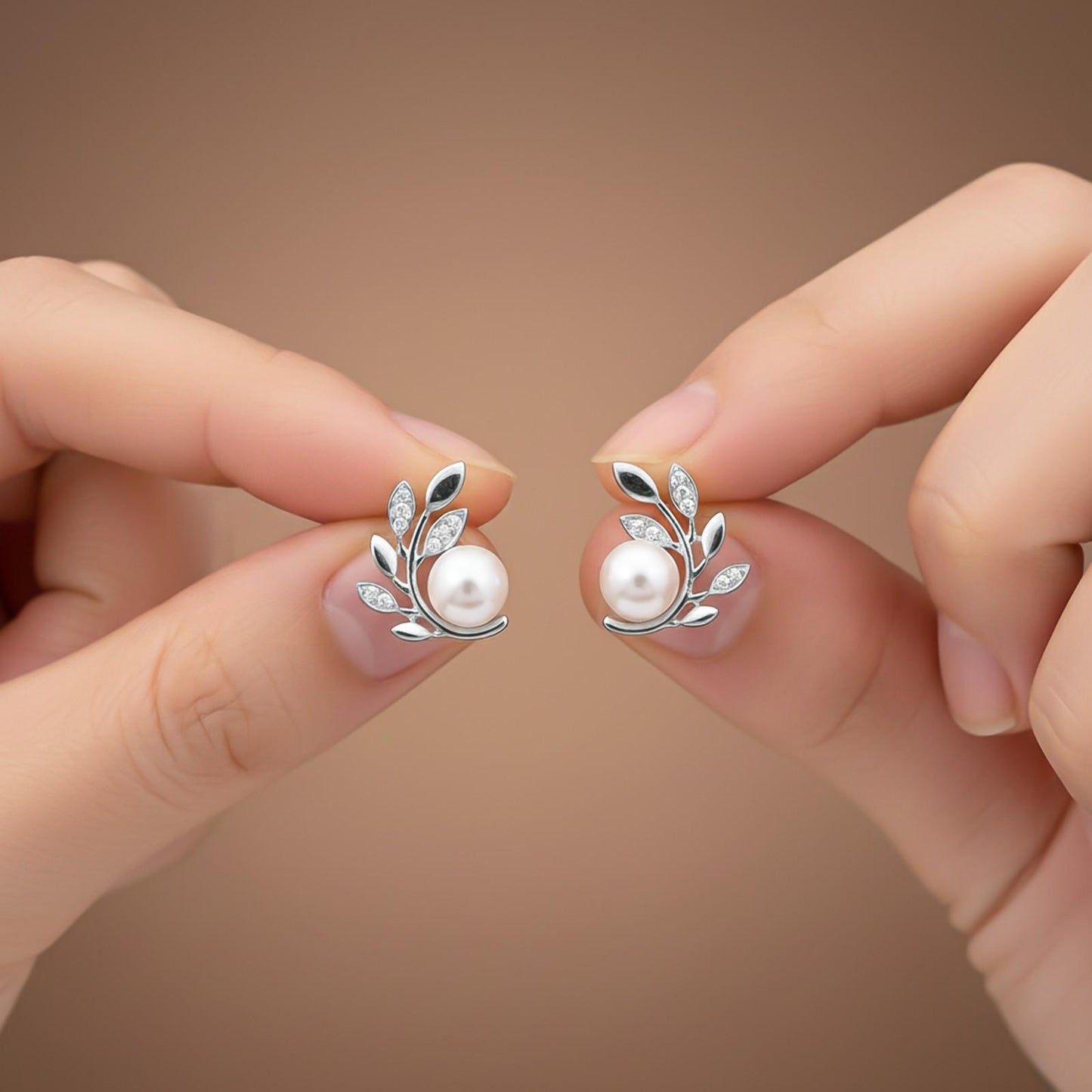 Silver Pearl Leaf Stud Earrings