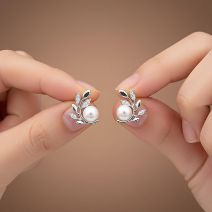 Silver Pearl Leaf Stud Earrings