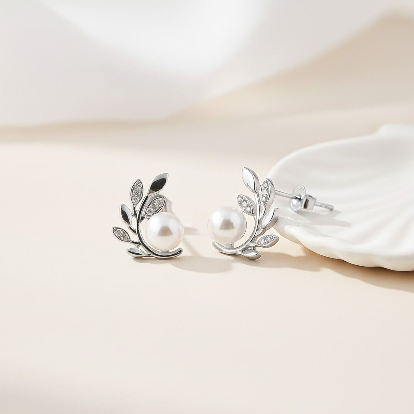 Silver Pearl Leaf Stud Earrings