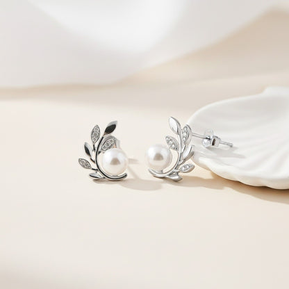 Silver Pearl Leaf Stud Earrings