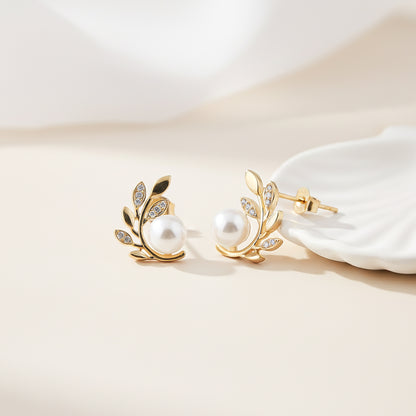 Golden Pearl Leaf Stud Earrings