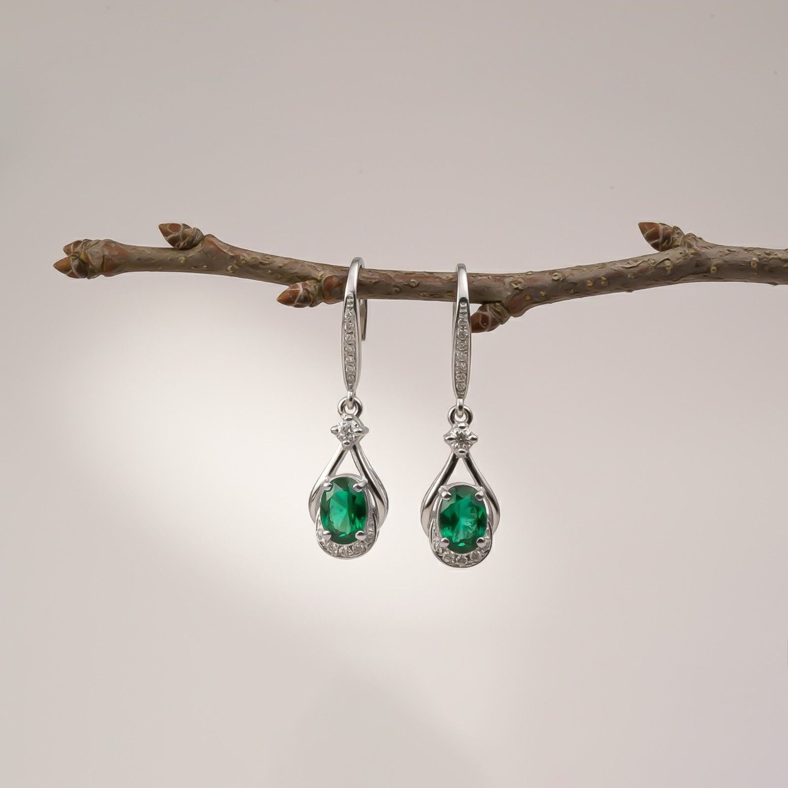 Silver Emerald Drop Earrings for Women