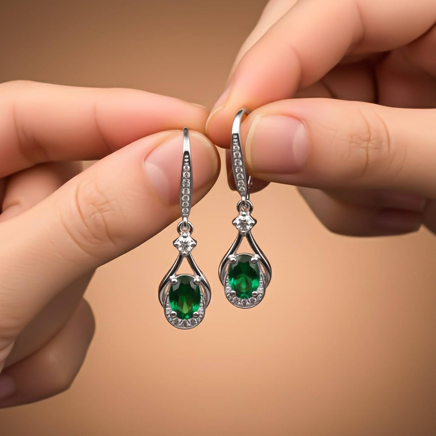 Silver Emerald Drop Earrings for Women