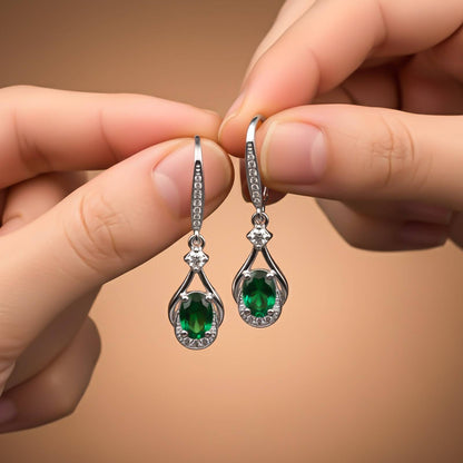 Silver Emerald Drop Earrings for Women