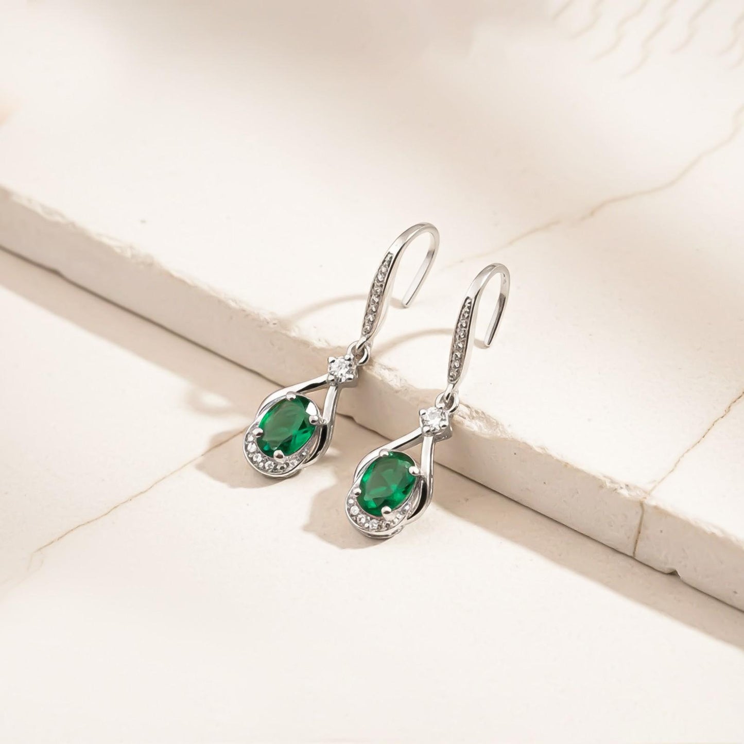 Silver Emerald Drop Earrings for Women