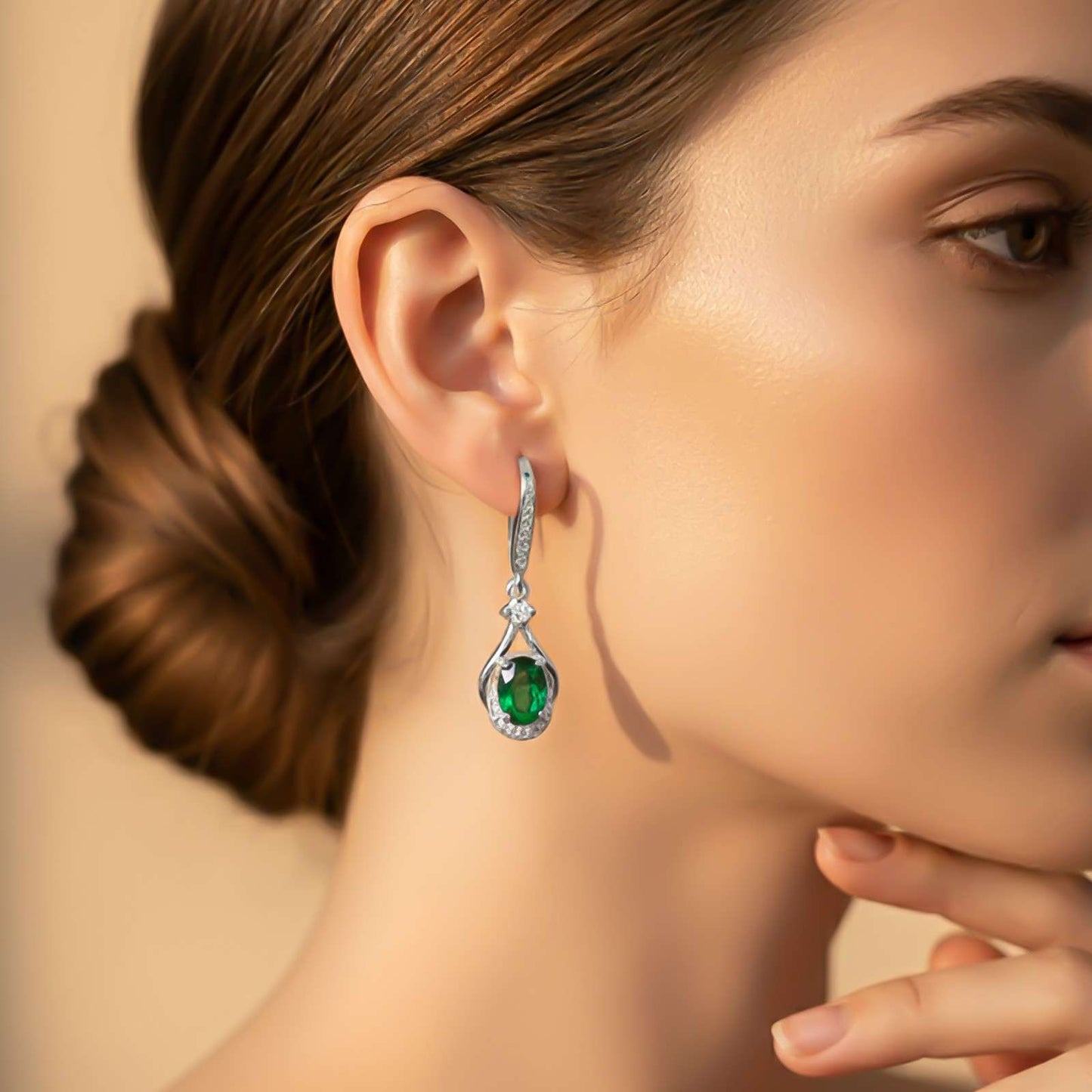 Silver Emerald Drop Earrings for Women