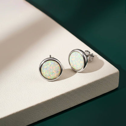 Silver Round Opal Stud Earrings for Women