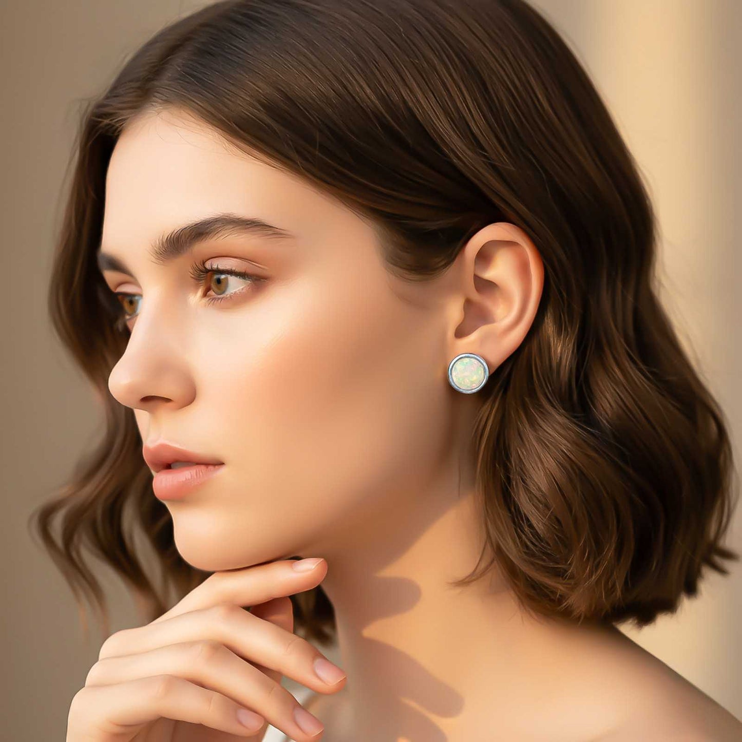 Silver Round Opal Stud Earrings for Women
