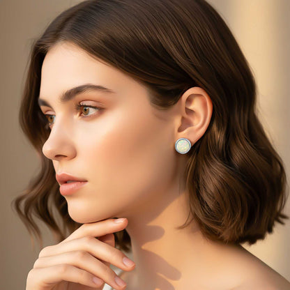 Silver Round Opal Stud Earrings for Women