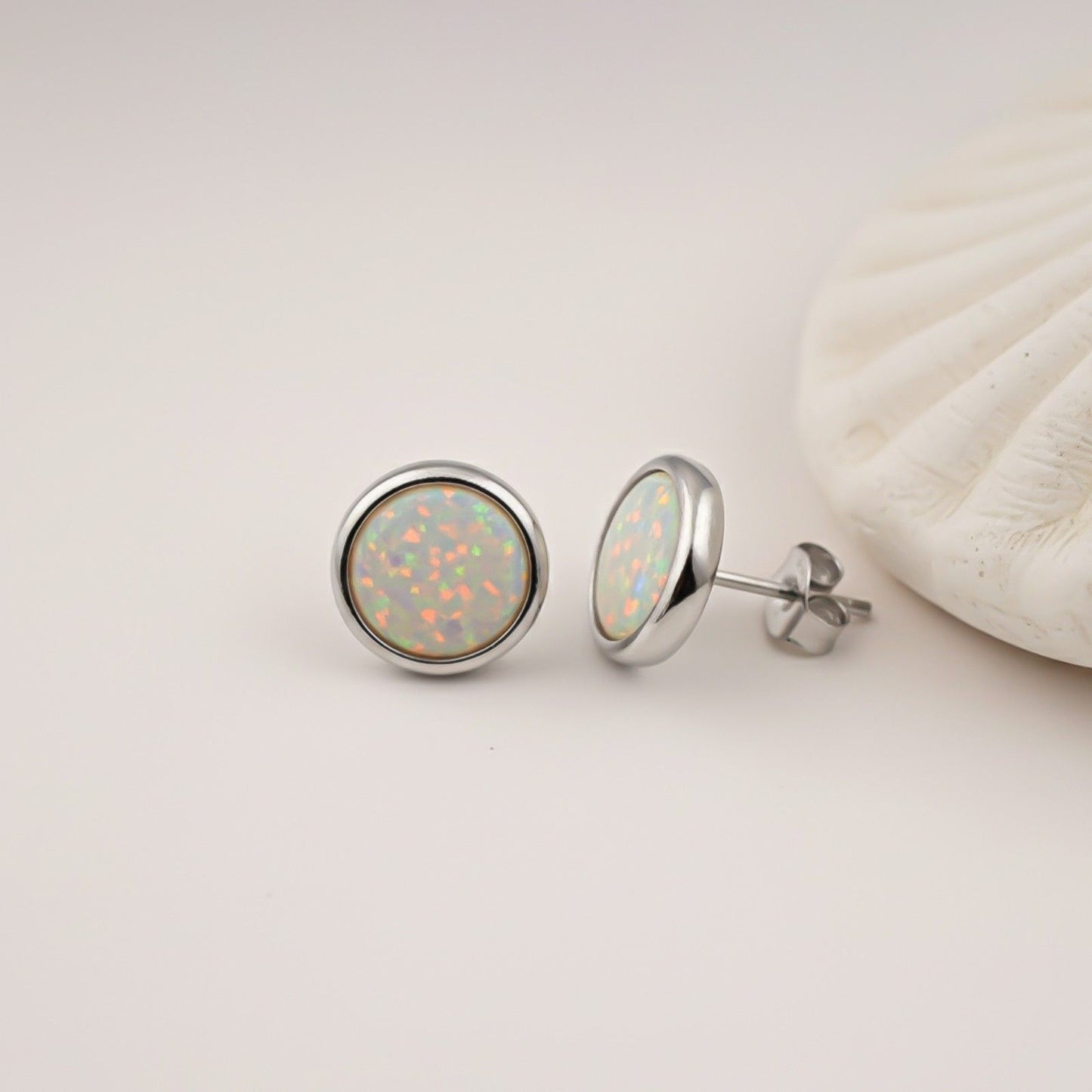 Silver Round Opal Stud Earrings for Women