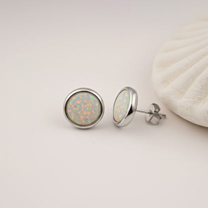 Silver Round Opal Stud Earrings for Women