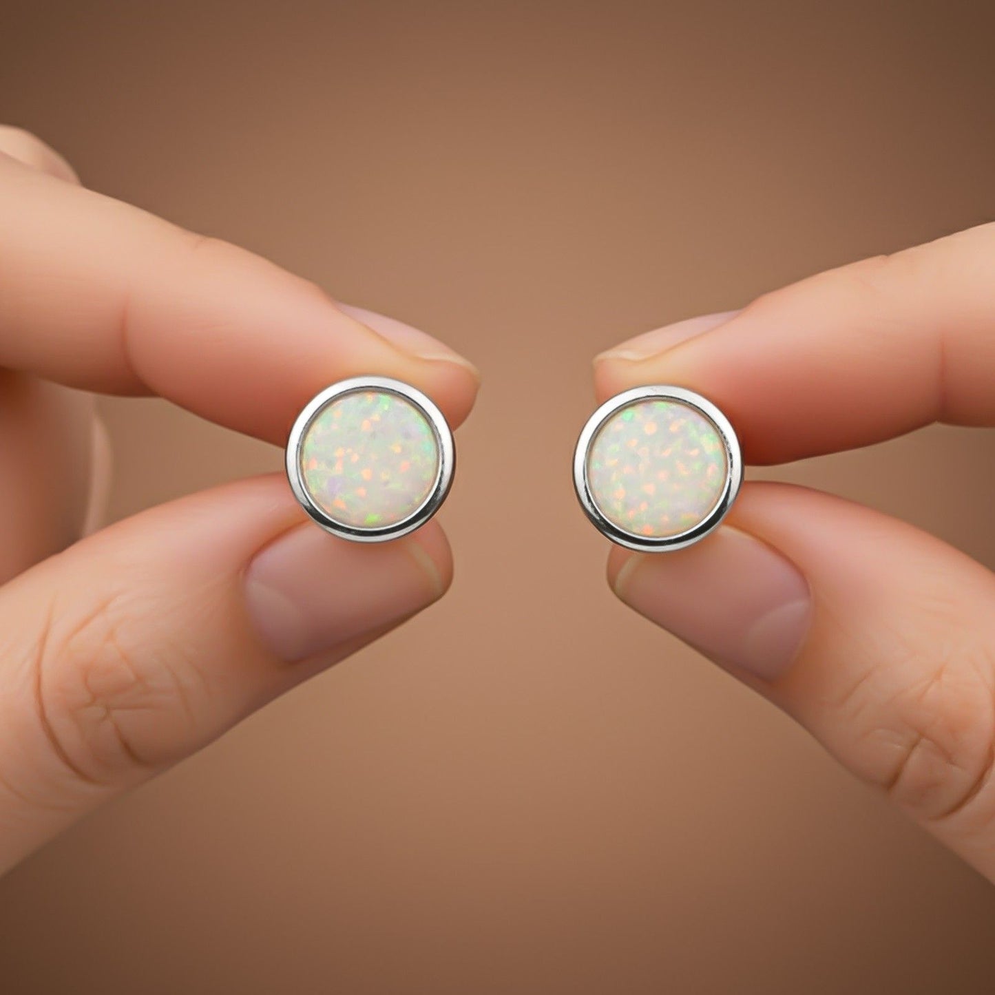 Silver Round Opal Stud Earrings for Women
