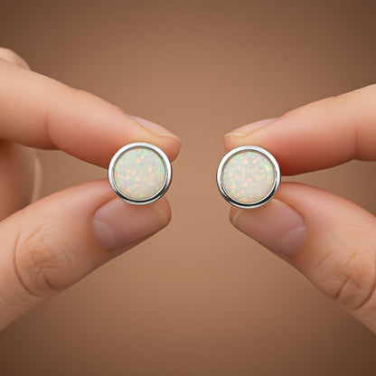 Silver Round Opal Stud Earrings for Women
