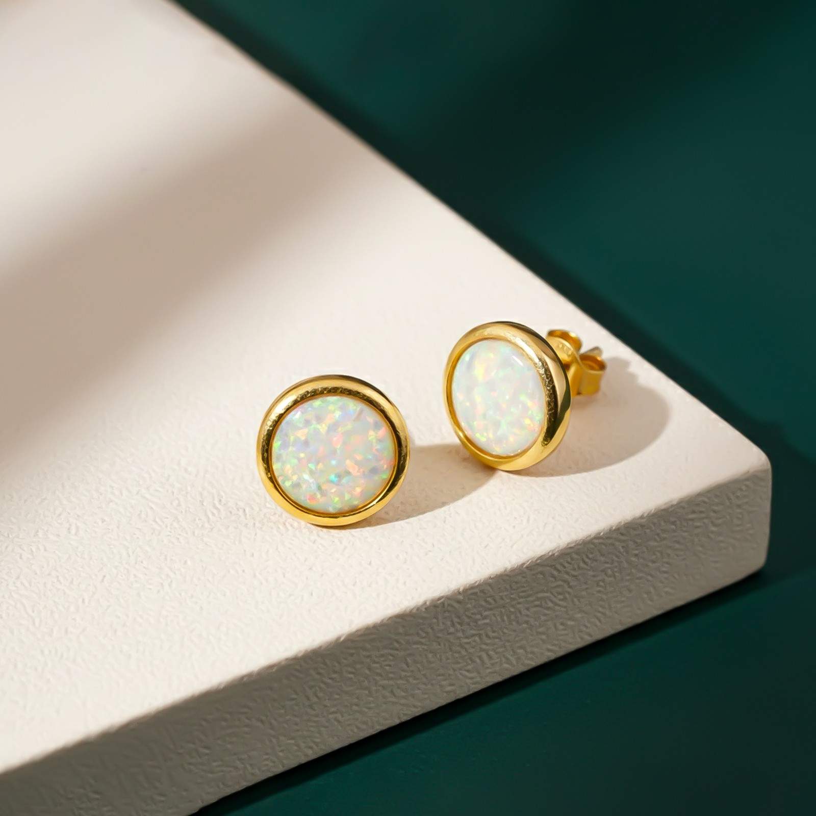 Silver Round Opal Stud Earrings for Women