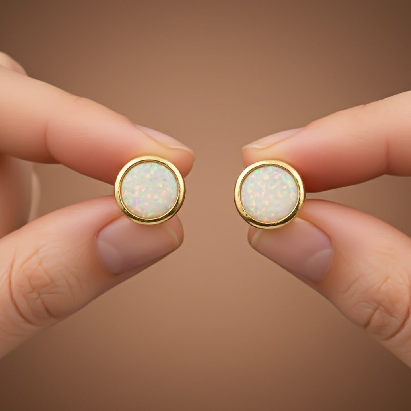 Silver Round Opal Stud Earrings for Women