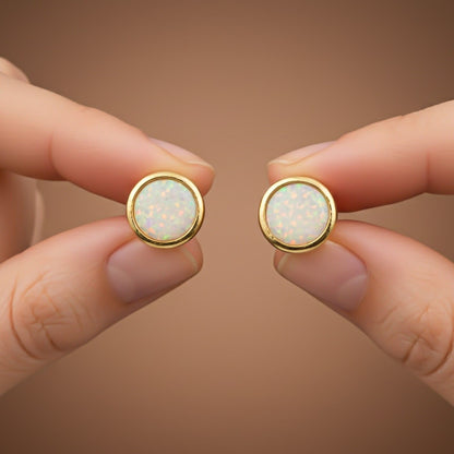 Silver Round Opal Stud Earrings for Women