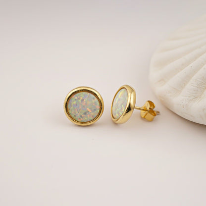 Silver Round Opal Stud Earrings for Women