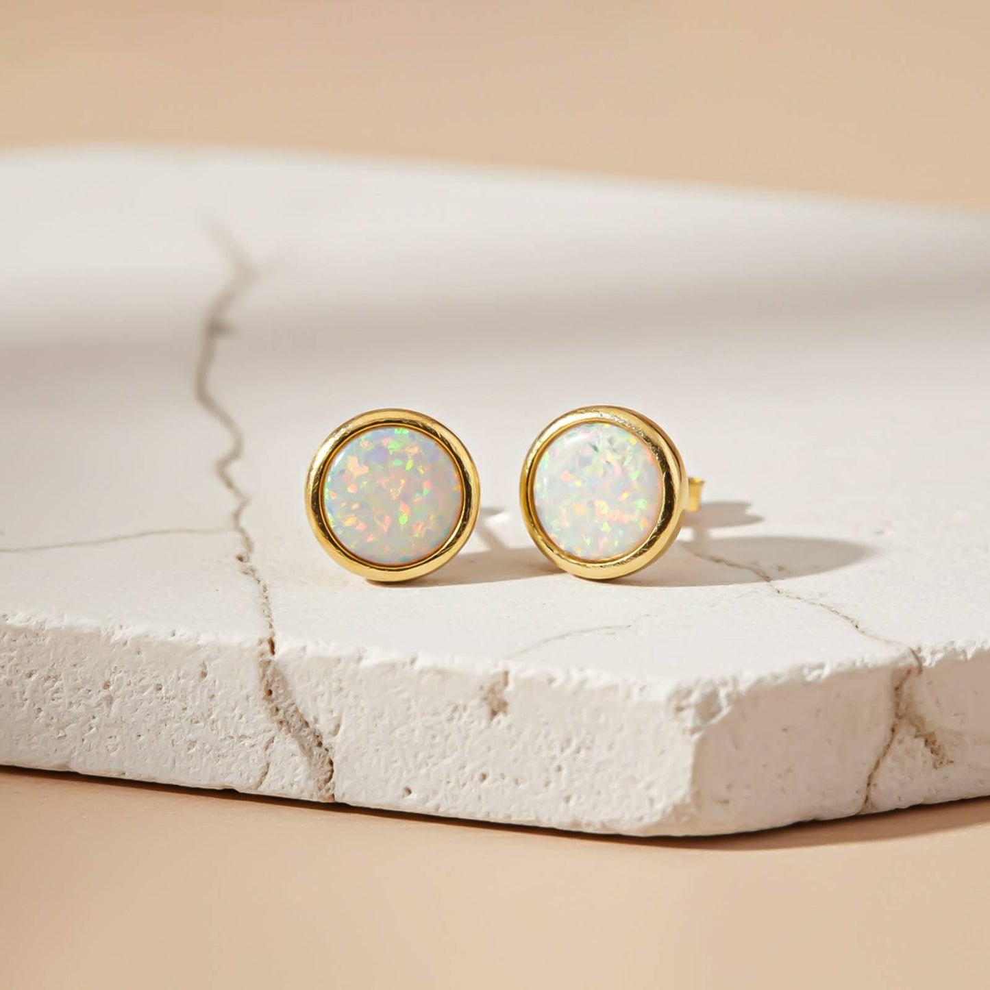 Silver Round Opal Stud Earrings for Women