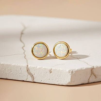 Silver Round Opal Stud Earrings for Women