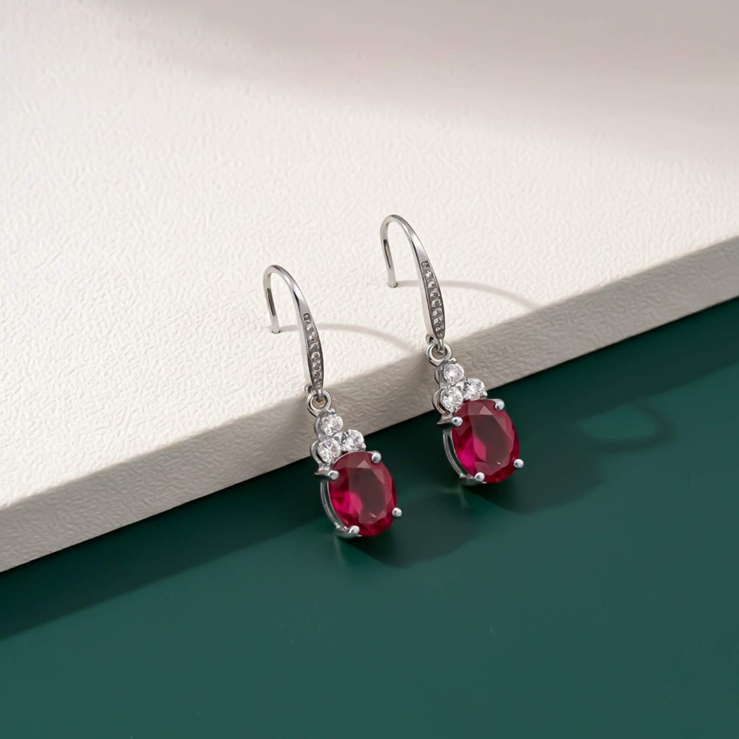 Silver Ruby Oval Drop CZ Earrings for Women