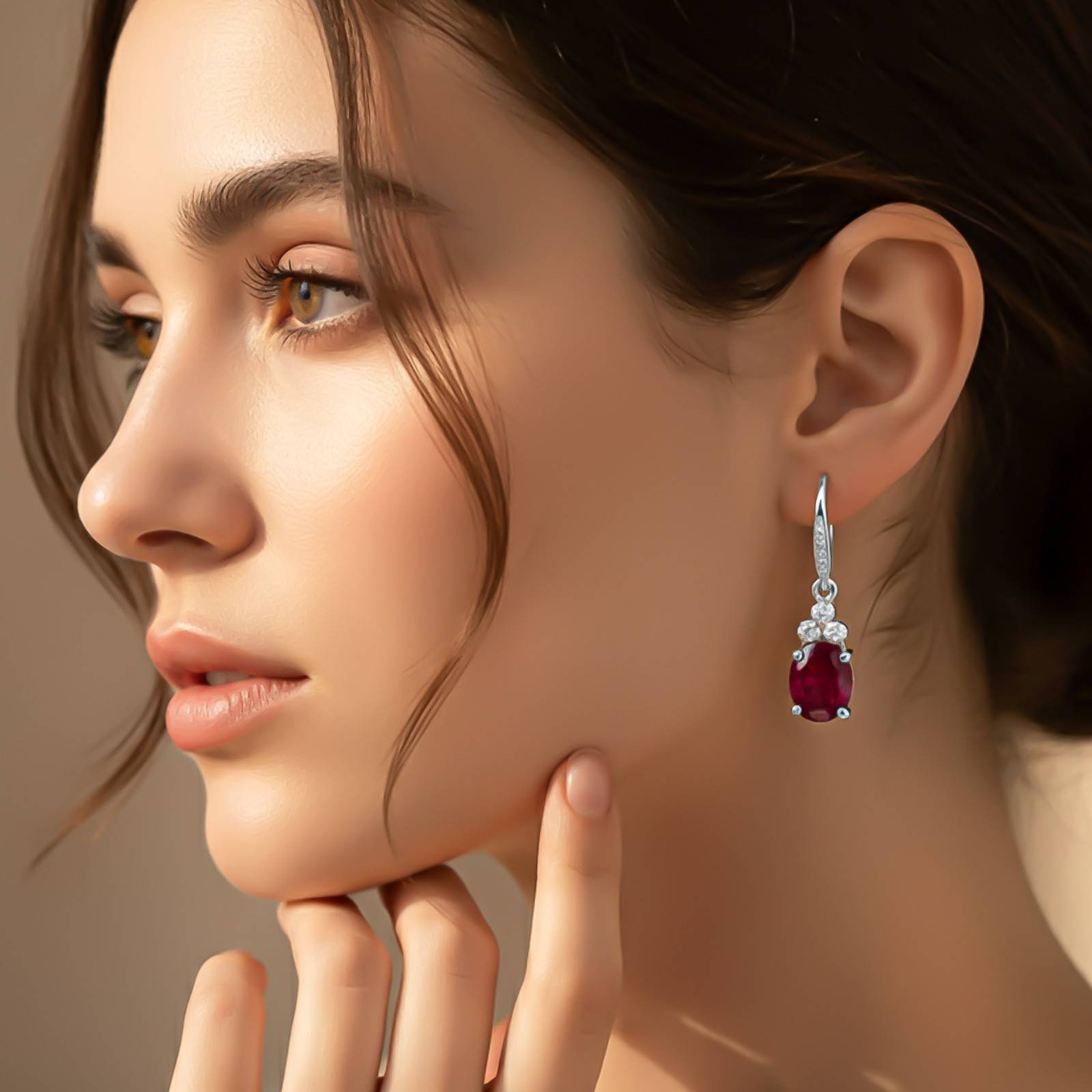 Silver Ruby Oval Drop CZ Earrings for Women