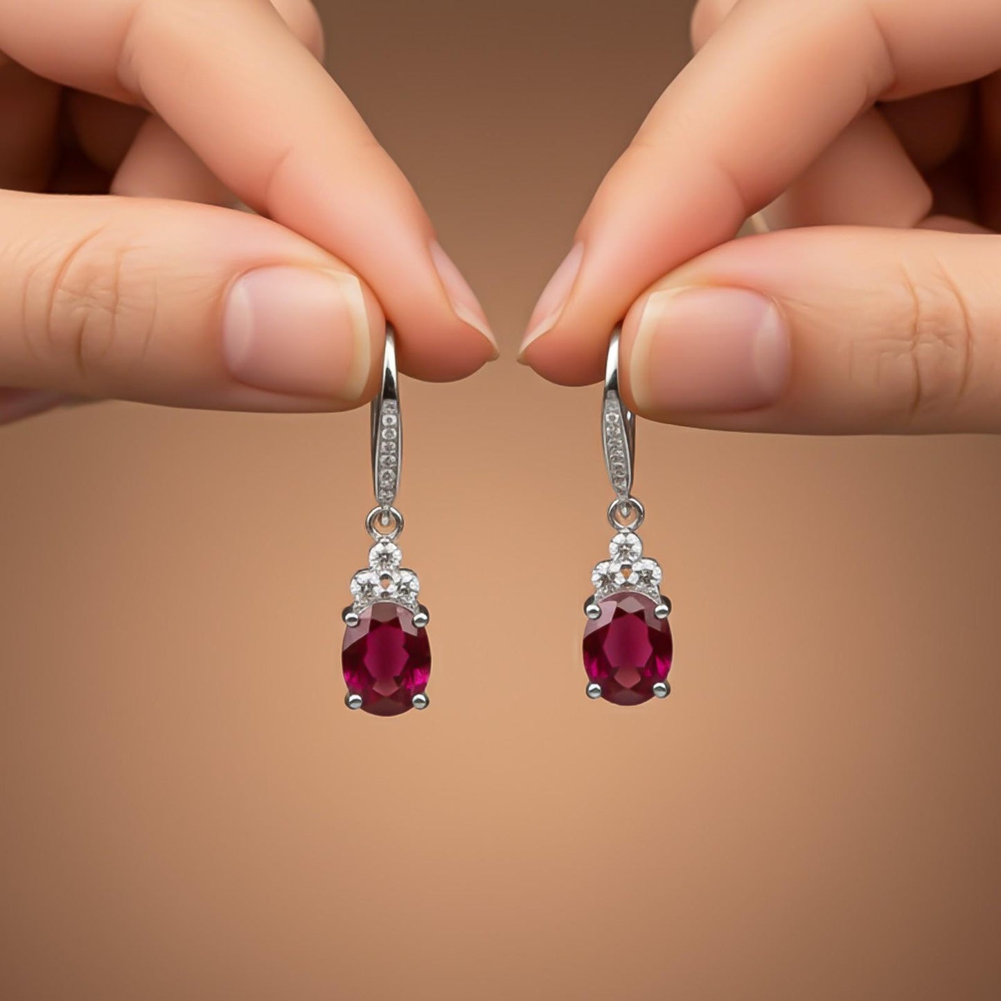 Silver Ruby Oval Drop CZ Earrings for Women